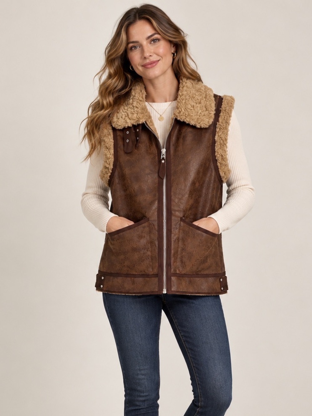 7 For All Mankind Cozy Faux-Shearling Brown Vest Jacket w/ Tags - Picture 4 of 5